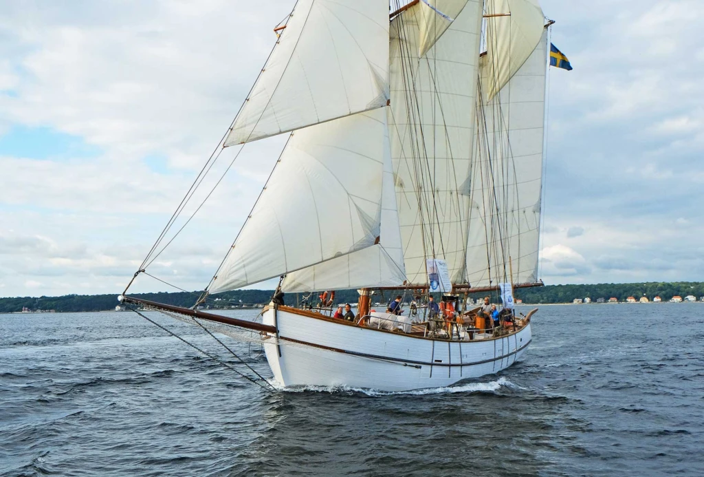Skonaren Nina, segelfartyg i trä med vita segel. Seglar på sundet med Helsingborg i bakgrunden.