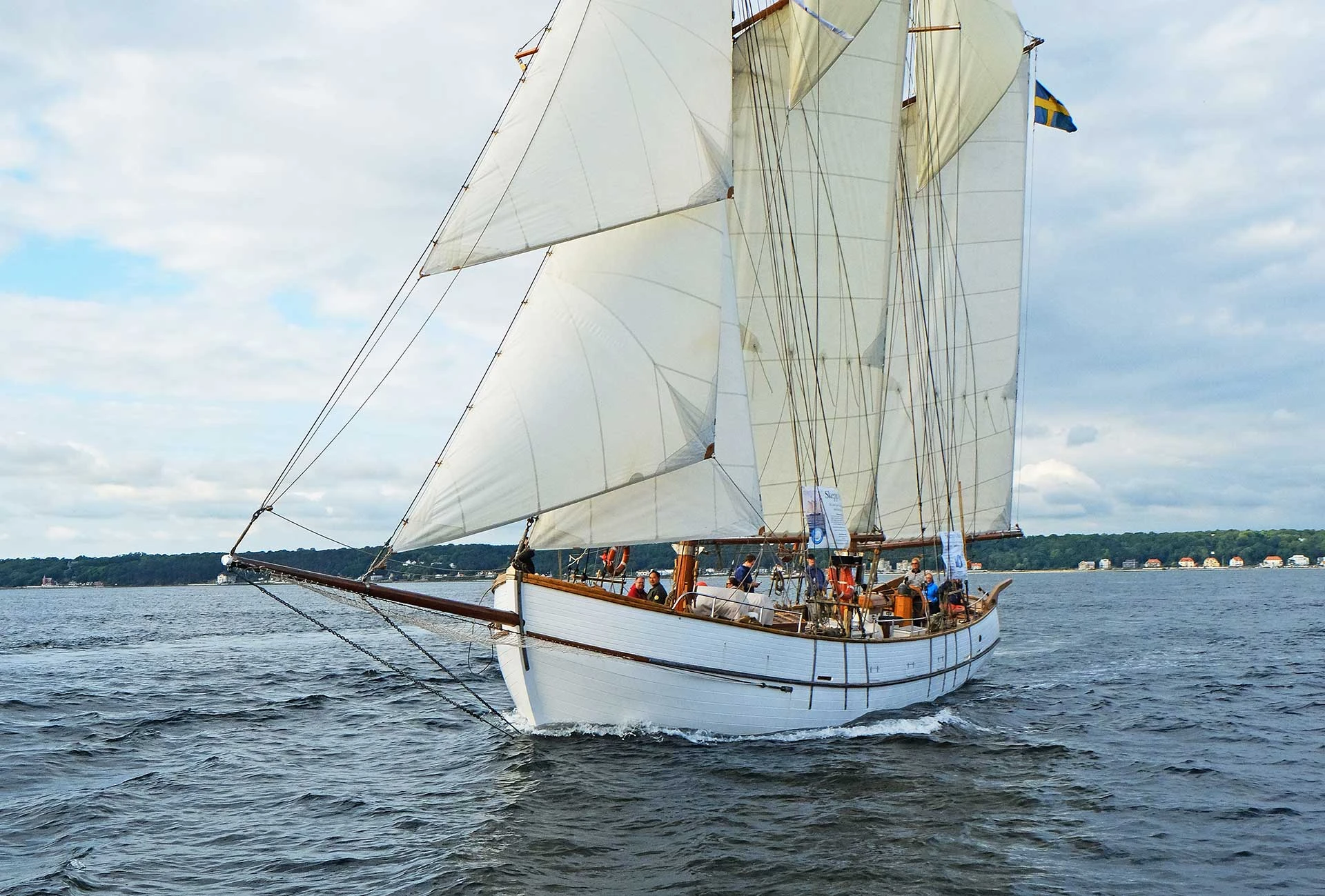 Skonaren Nina, segelfartyg i trä med vita segel. Seglar på sundet med Helsingborg i bakgrunden.