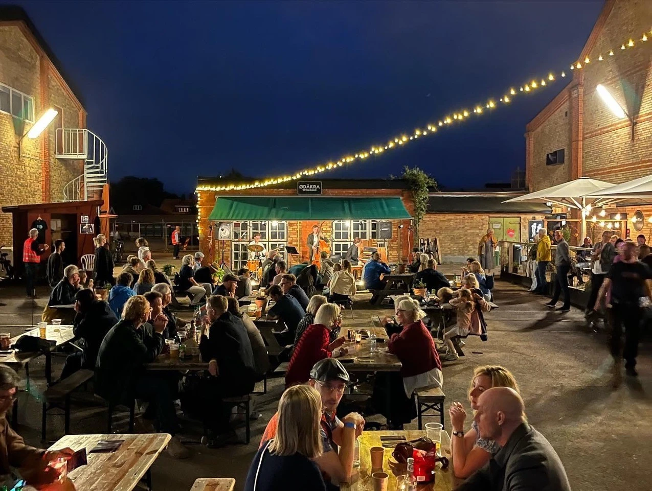 sommarkväll och en ett folkhav av personer som sitter vid bänka och bord på en festival