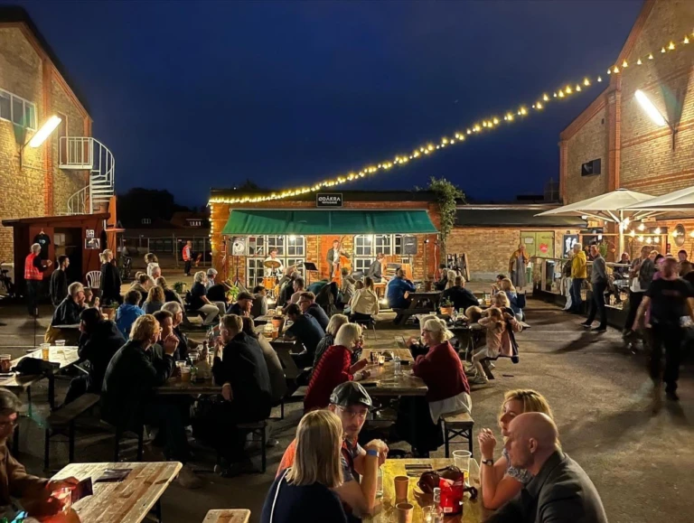 sommarkväll och en ett folkhav av personer som sitter vid bänka och bord på en festival