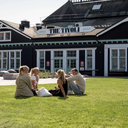 Fyra personer sitter på en gräsmatta framför The Tivoli.