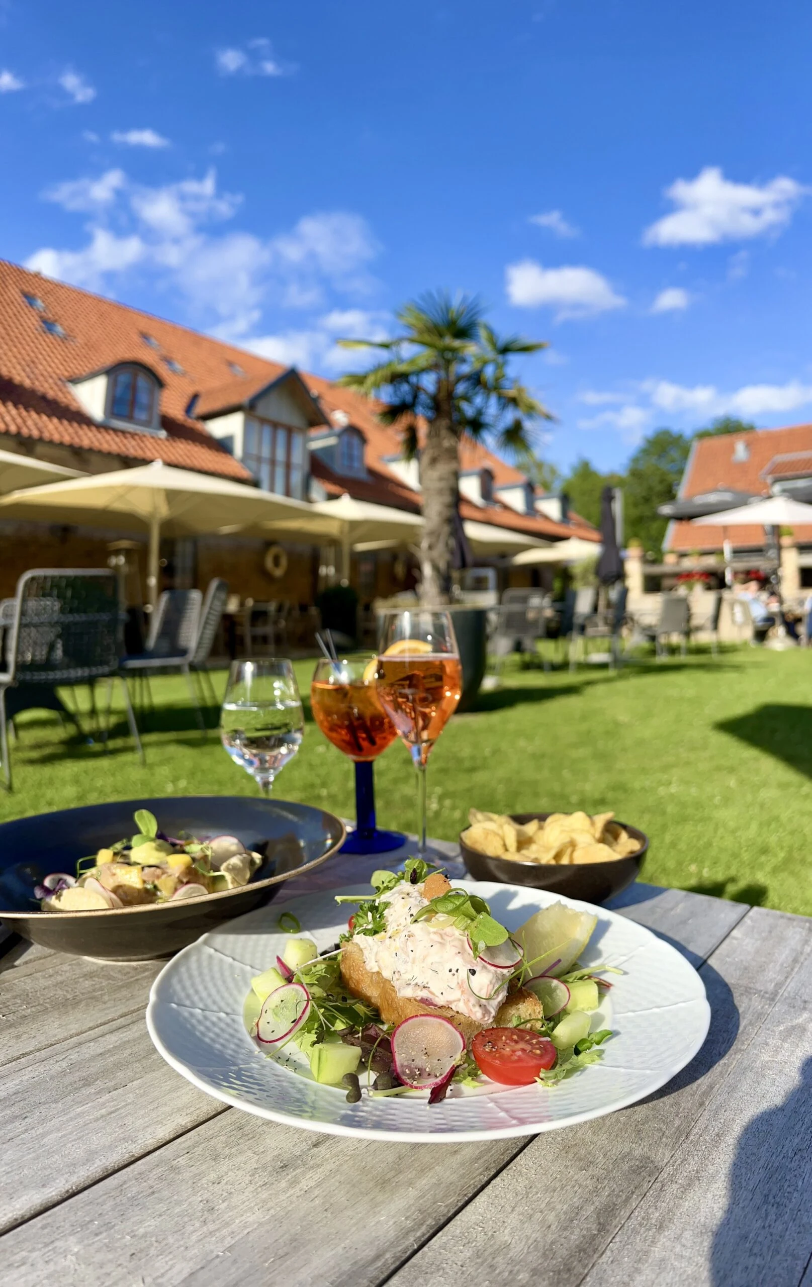 Mat och dryck på bord utomhus. Byggnad med palmer i bakgrunden, blå himmel