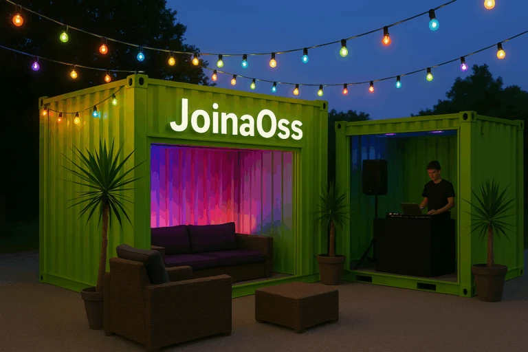 AI genererad bild med två containrar omgjorda till en lounge