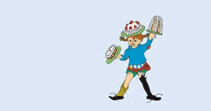 Tecknad Pippi med tårta på huvudet