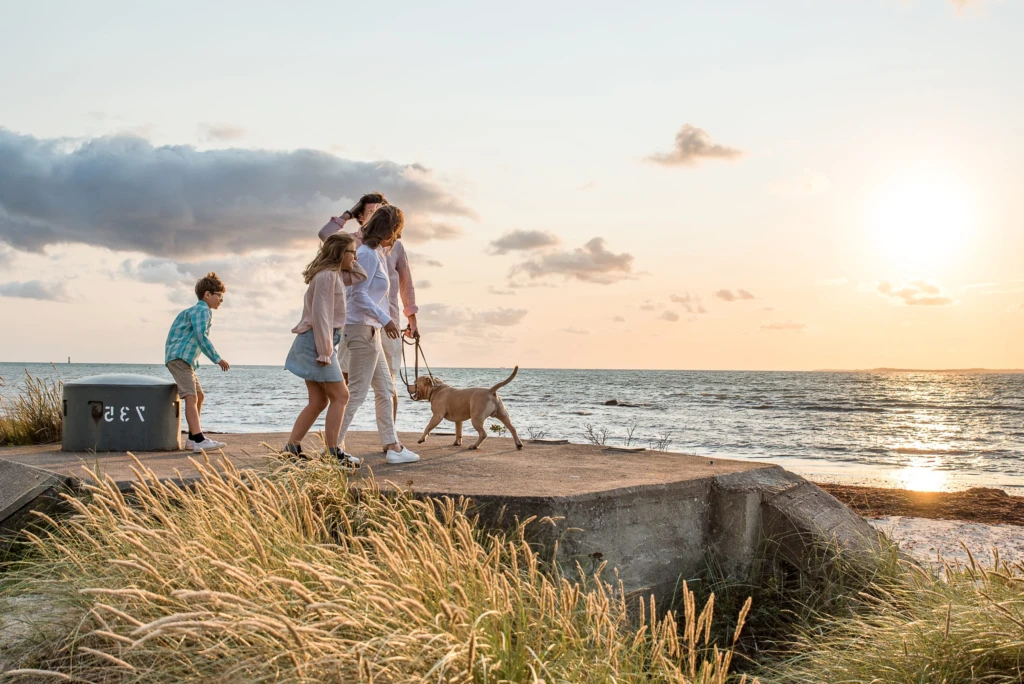 familj på strand i kvällssol med en hund