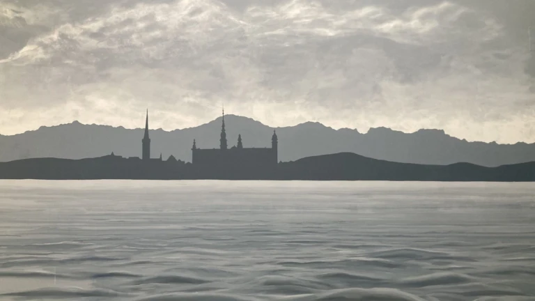 en gammal bild över helsingborg. en stadssiluett