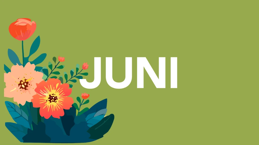 Ordet Juni på en grön bakgrund med blommor i hörnet
