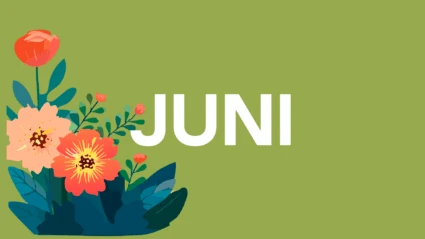 Ordet Juni på en grön bakgrund med blommor i hörnet