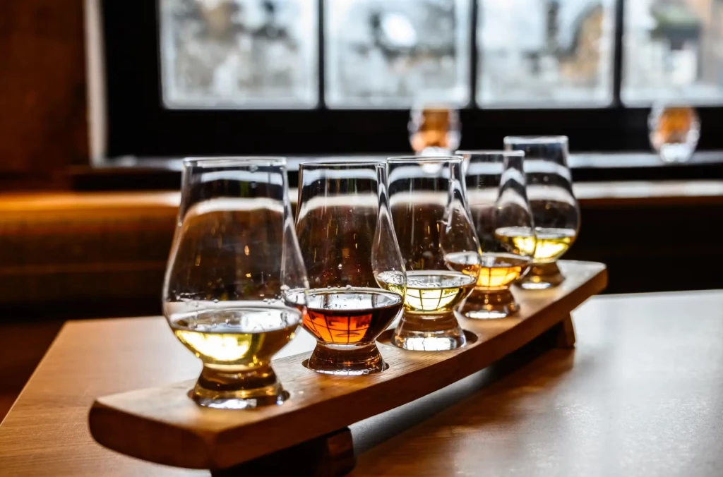 4 ölprovningsglas på en bricka