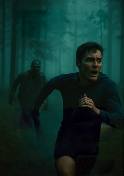 en man springer i en skog och är jagad av en.