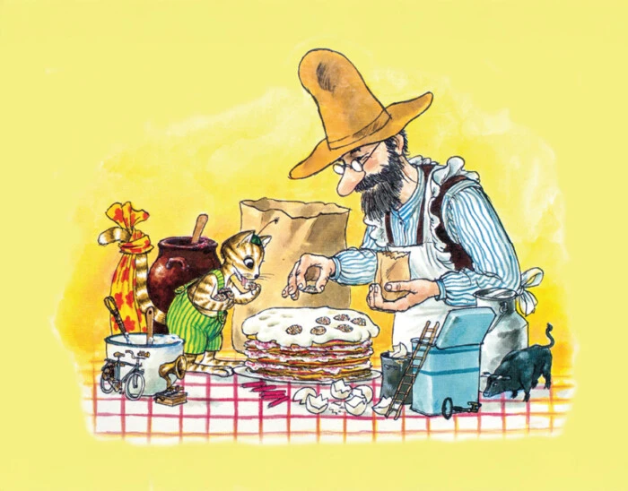 Illustration på Pettson och Findus – Pannkakstårtan