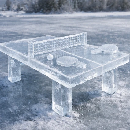 AI genererad bild på en pingisbord gjort av is.