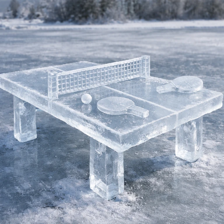 AI genererad bild på en pingisbord gjort av is.