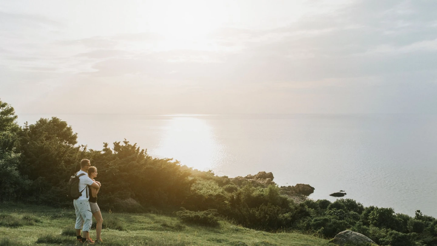 ett par vid kusten blickandes ut mot havet