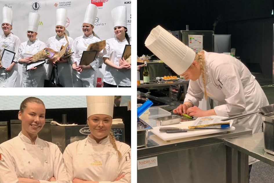 Maja tävlar i Bocuse d’Or Sweden Commis Awards tillsammans med andra unga kvinnor. På bild syns hon också tillsammans med vår tidigare elev Ellen Rosdahl