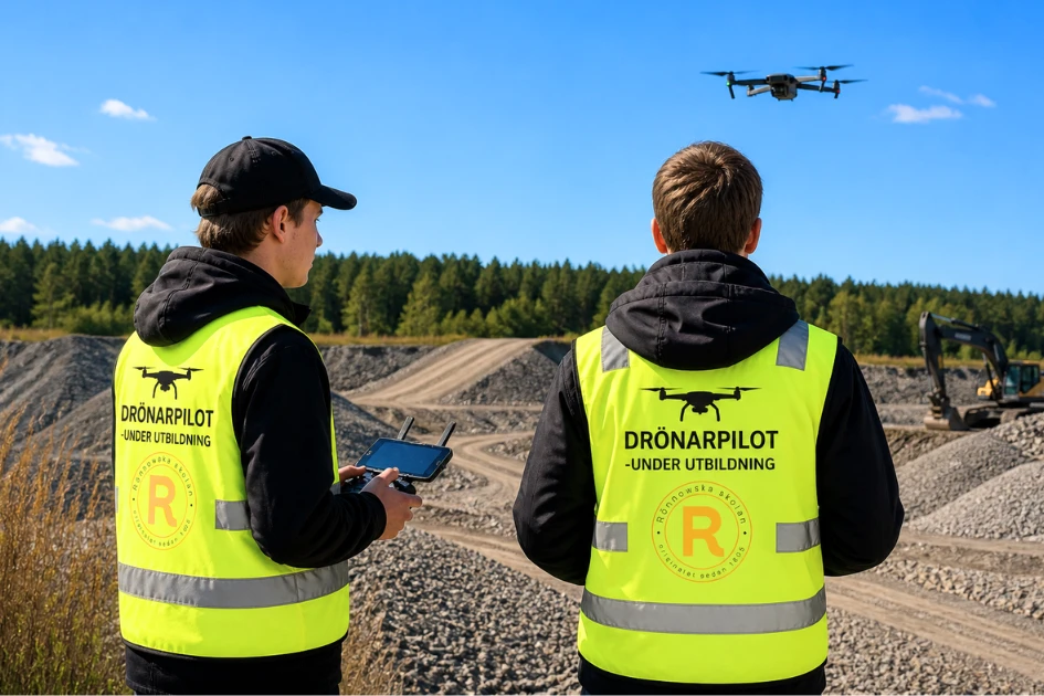 Två elever som lär sig köra drönare