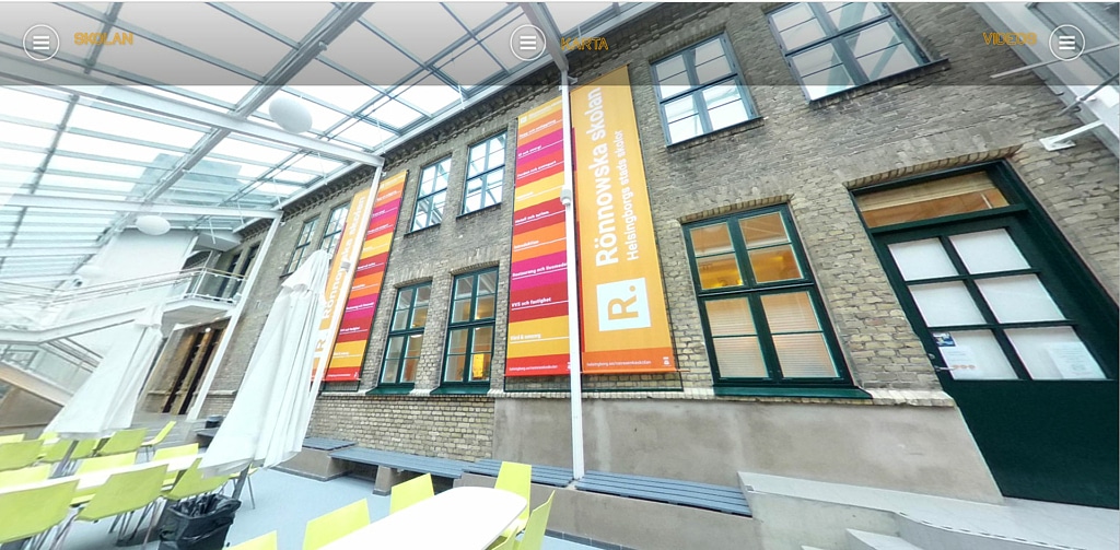 Bild som leder till virtuell rundtur i Rönnowska skolan. Klicka på bilden för att komma till ny sida med VR-turen.