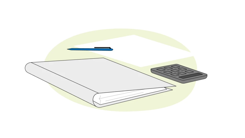 Illustration av en papper, penna, pärm och miniräknare