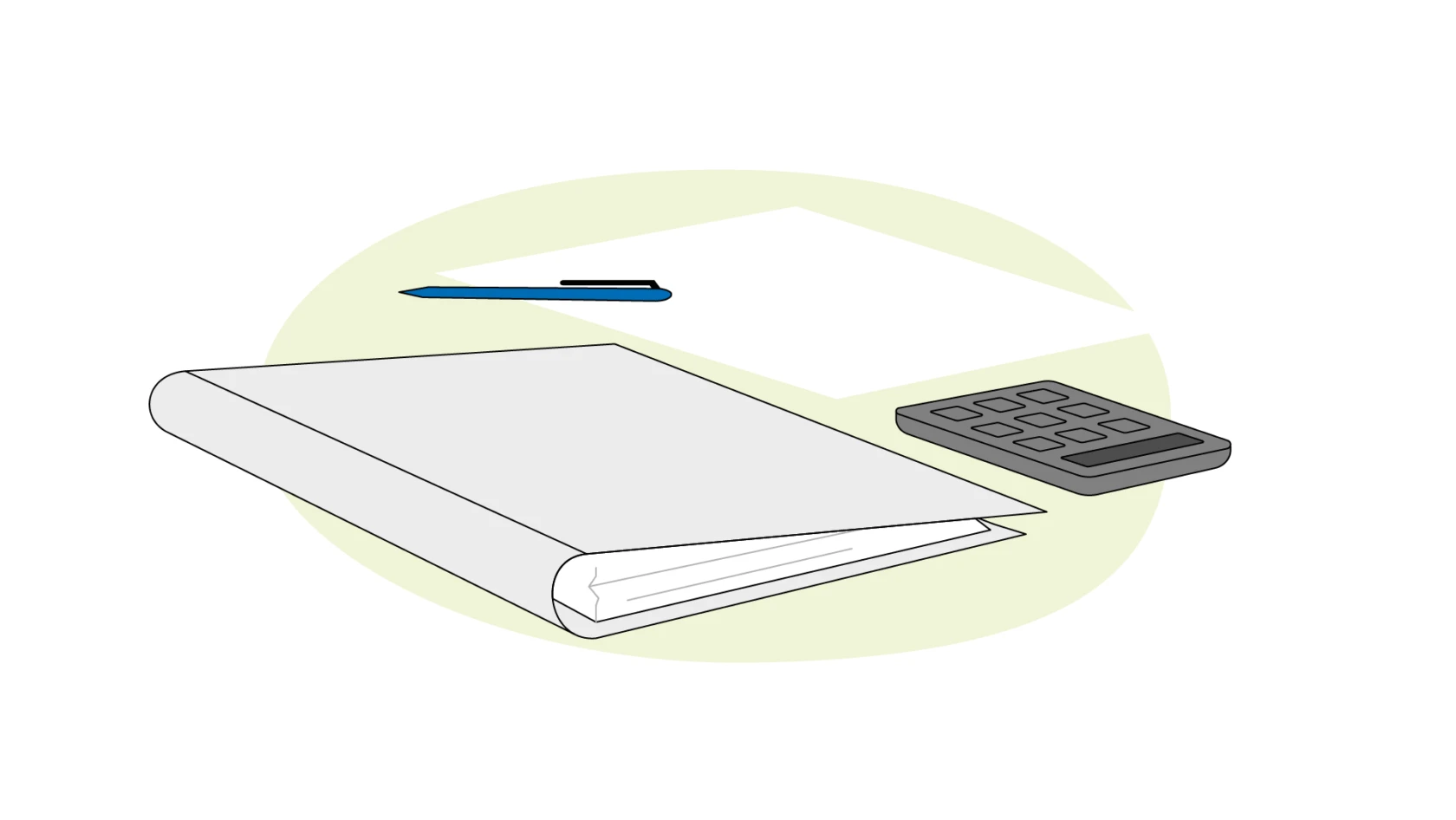 Illustration av en papper, penna, pärm och miniräknare