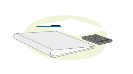 Illustration av en papper, penna, pärm och miniräknare