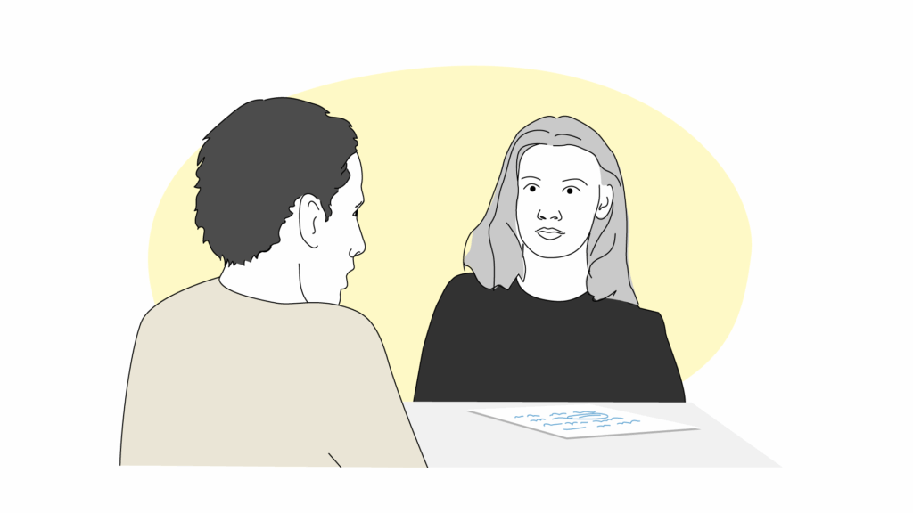 Illustration av en man och kvinna i ett stödjande samtal