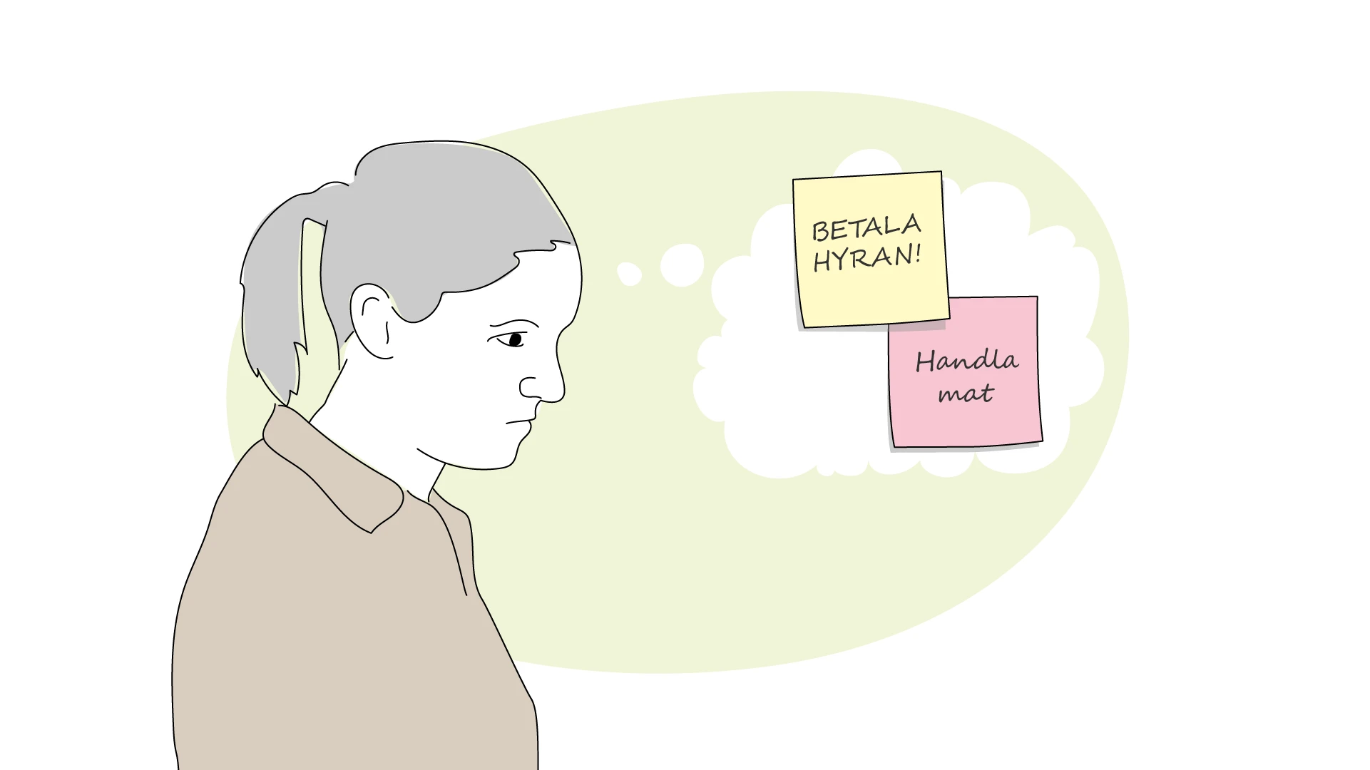 Illustration av en person som funderar på hur pengarna ska räcka till mat och boende