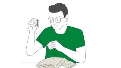 Illustration av en person som lagar kläder med nål och tråd