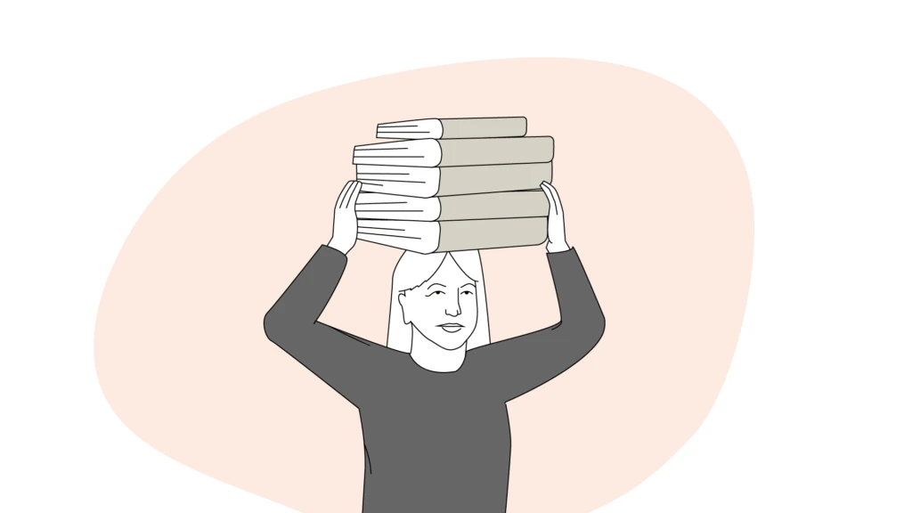 Illustration av en person som bär ett berg av fakturor över huvudet