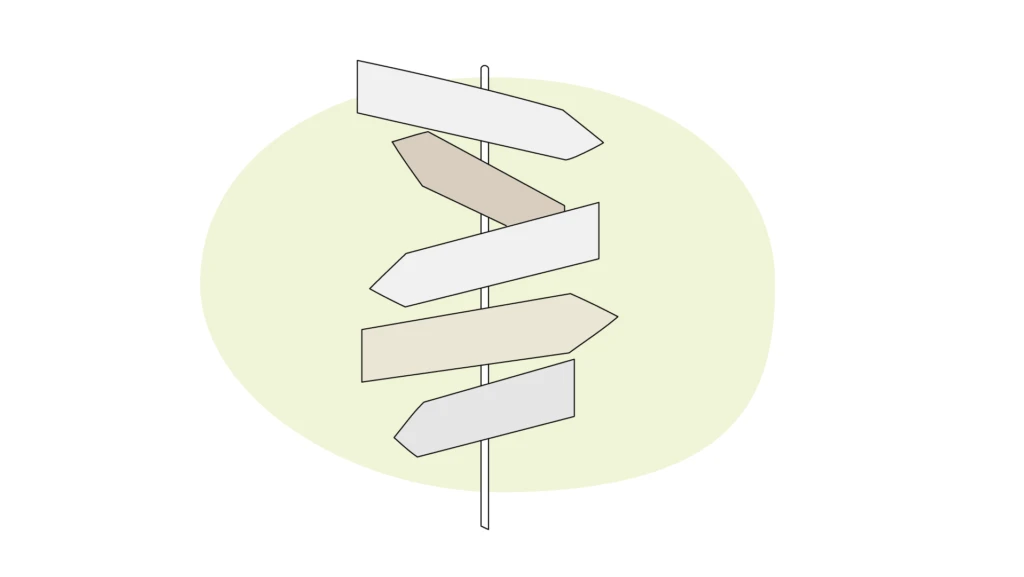 Illustration av en vägvalsskylt med skyltar i många olika riktningar