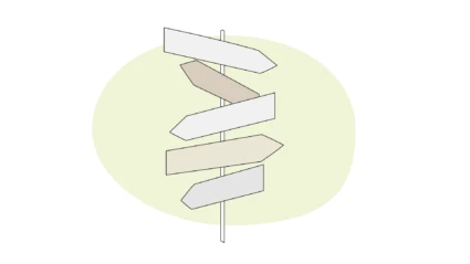 Illustration av en vägvalsskylt med skyltar i många olika riktningar