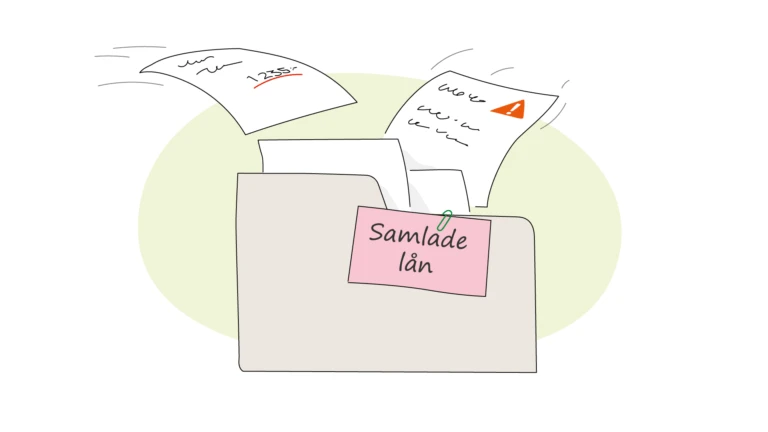 Illustration av en mapp med en lapp där det står "samlade lån"