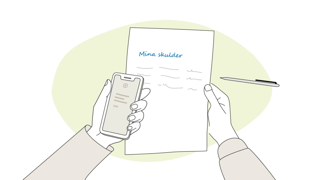 Papper med lista över "Mina skulder"