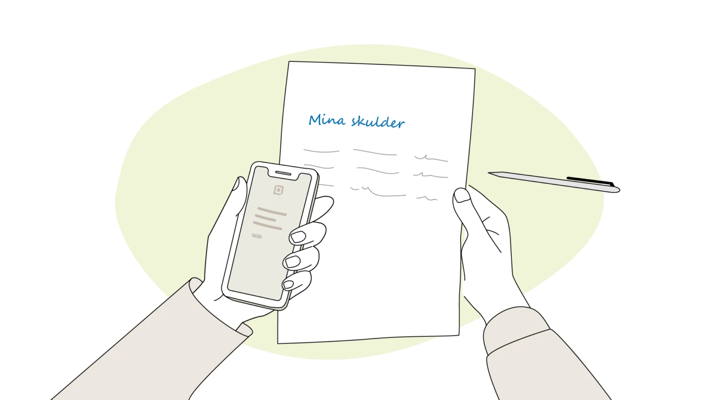 Papper med lista över "Mina skulder"