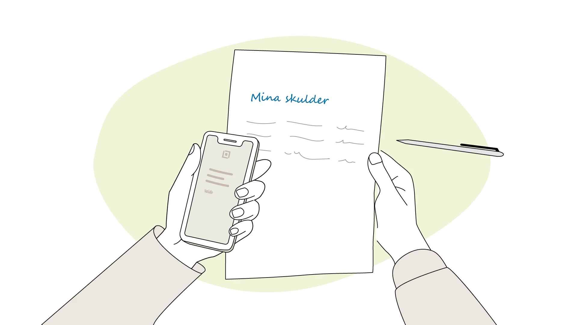 Papper med lista över "Mina skulder"