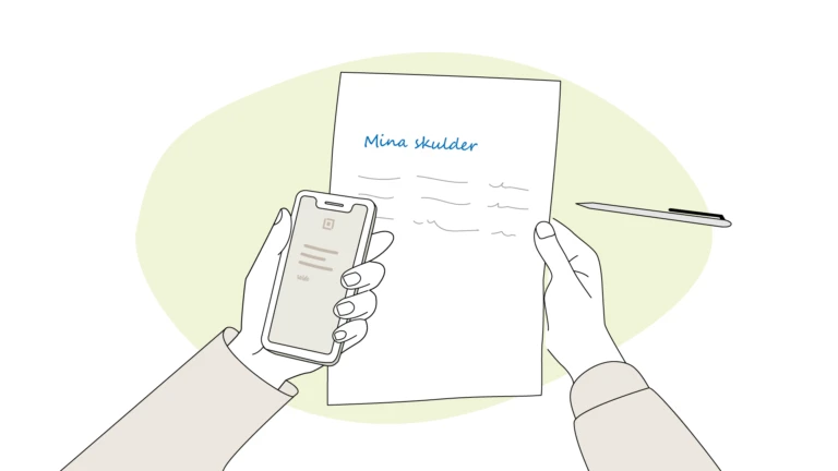 Papper med lista över "Mina skulder"