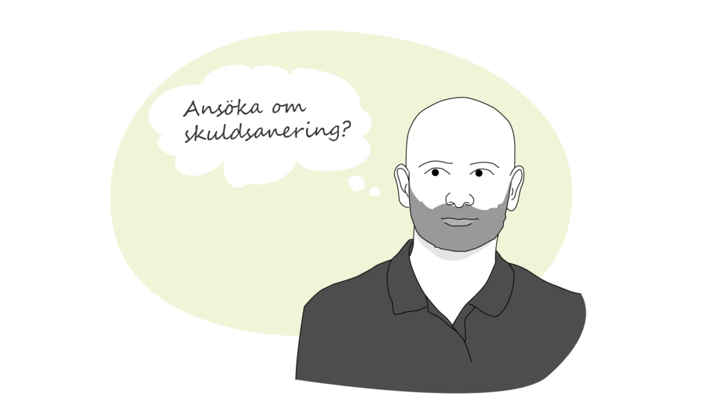 Illustration av en man som funderar över vem som kan få skuldsanering
