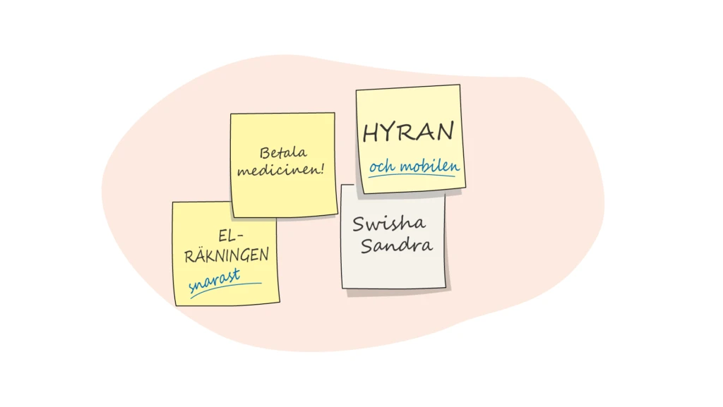 Illustration av post-it lappar med betalningsprioriteringar