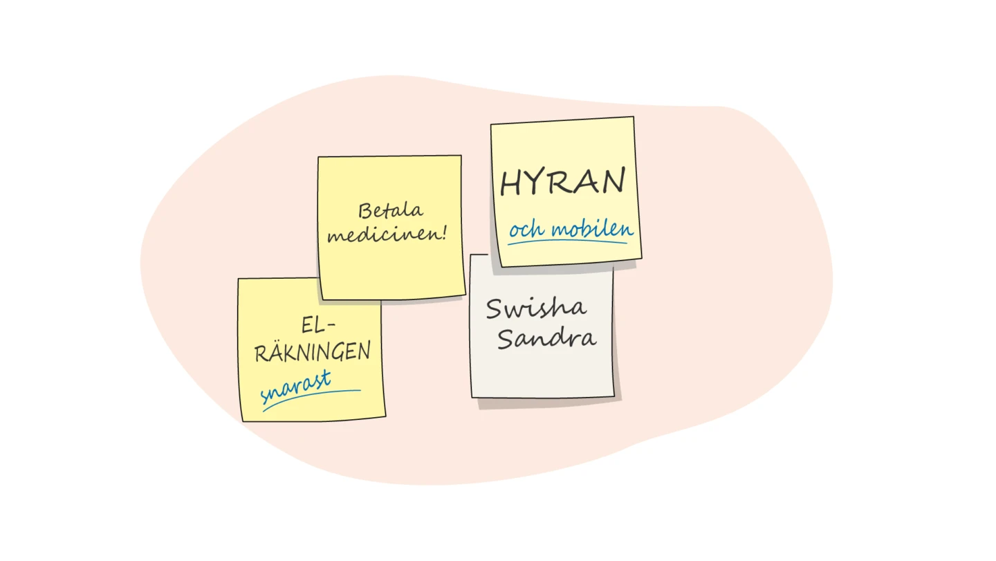 Illustration av post-it lappar med betalningsprioriteringar