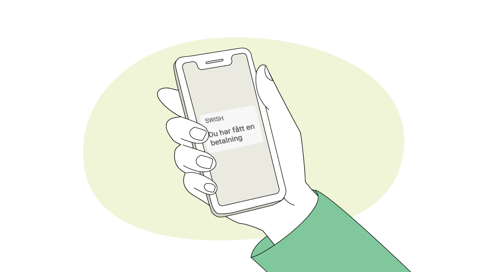 illustration av en hand hållandes en mobil som precis mottagit en Swish