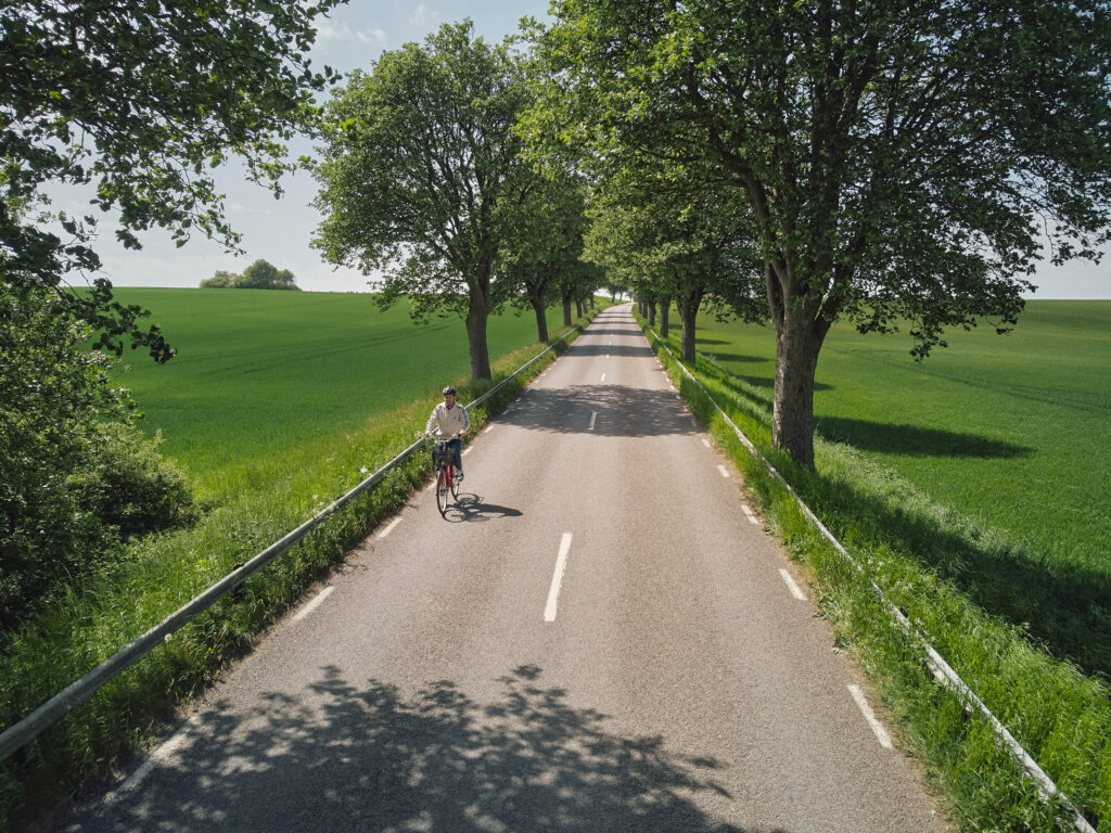 En cyklist på landsväg omgiven av gröna fält.