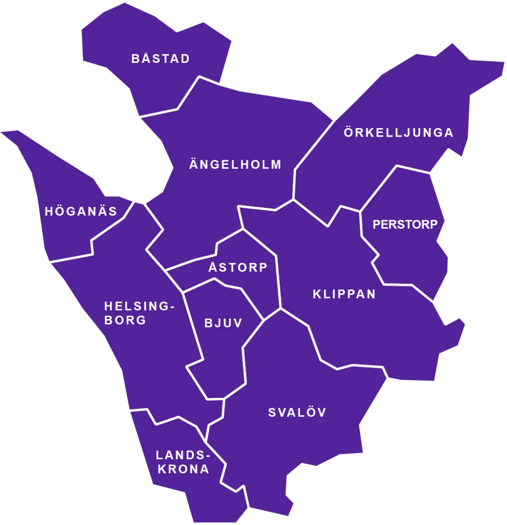 Karta över kommuner runt Helsingborg i Södra Sverige