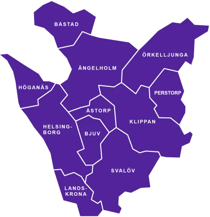 Karta över kommuner runt Helsingborg i Södra Sverige