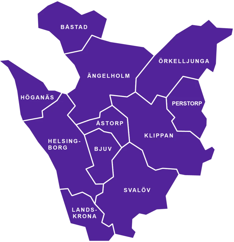 Karta över kommuner runt Helsingborg i Södra Sverige