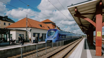 Ett modernt Pågatåg står vid Åstorps station, där resenärer väntar under en solig dag med blå himmel och vita moln.
