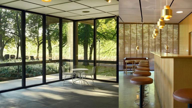 Interiör från Landskrona konsthall med eleganta detaljer, stora glaspartier och harmoniskt ljusinsläpp.