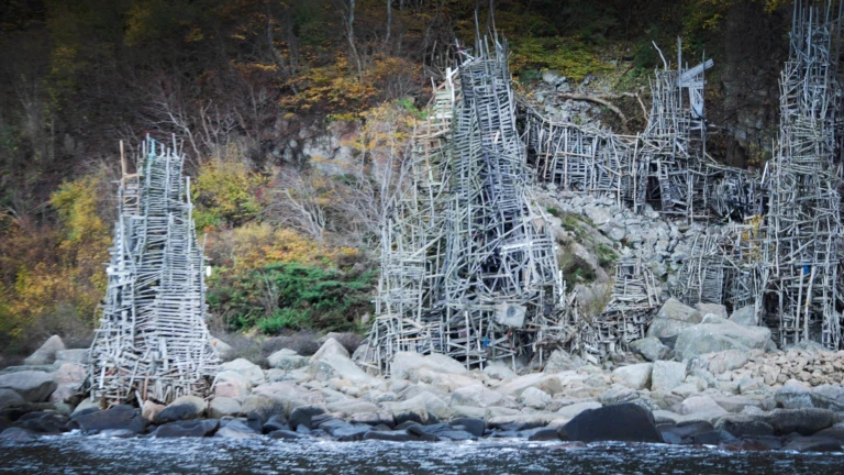 De unika konstverken av trä reser sig som torn längs Kullabergs klippor, omgivna av hav och höstfärgad skog.