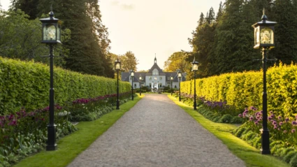 Den symmetriska entrén till Norrvikens Trädgårdar omgiven av prydliga rabatter och välklippta häckar i kvällssol.