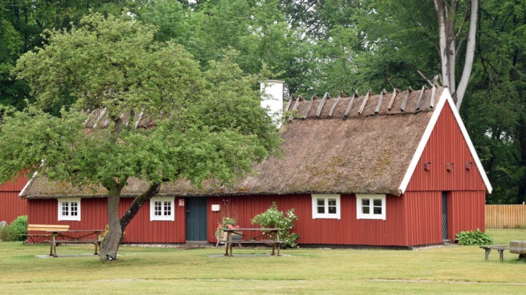 Bild av Rögla ryggåsstuga i Klippan, en traditionell skånsk byggnad målad i rött med vita fönster och halmtak. Framför huset står ett fruktträd och flera picknickbord, och i bakgrunden syns lummig grönska från lövträd.