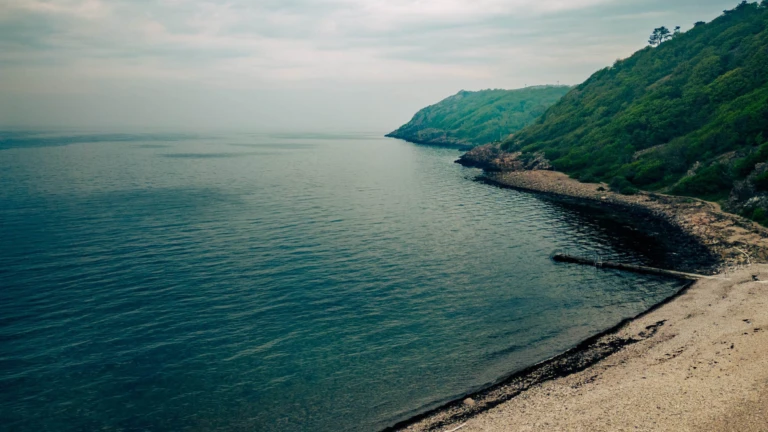 En stillsam strand vid Solviken där gröna berg sluttar ner mot det lugna blå vattnet.