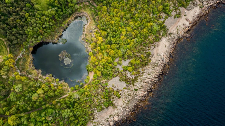 Det gamla stenbrottet i Svanshall syns från ovan, omgivet av grönska och klippor som möter havet.